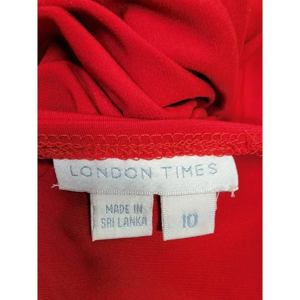 London Times Woman Size 10 Red Long Sleeve Shift Flare Pleated Dress - Picture 7 of 8